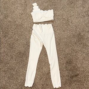White Scalloped One-Shoulder Top and Leggings Set